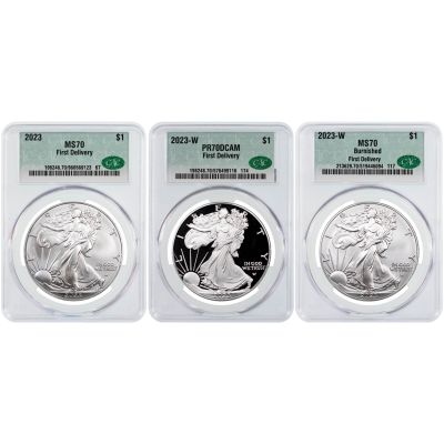 Set of 3: 2023 American Silver Eagles CAC First Delivery Includes: 2023 MS70, 2023 PR70DCAM, 2023 Burnished MS70         