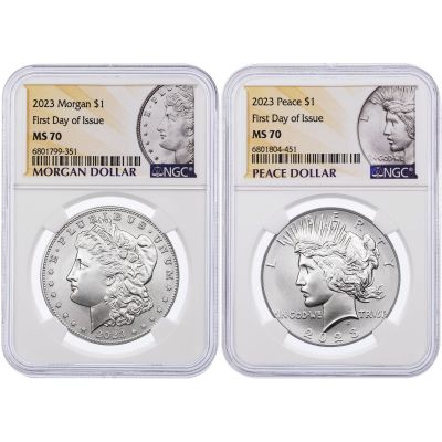 Set of 2: 2023 Morgan and Peace Dollars NGC MS70 First Day of Issue