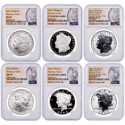 Set of 6: 2023 Morgan & Peace Dollars NGC Includes: MS70, Proof 70, & Reverse Proof 70 First Day of Issue
