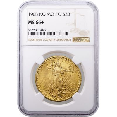 1908-P No Motto Saint Gaudens Gold Double Eagle NGC/PCGS MS66+