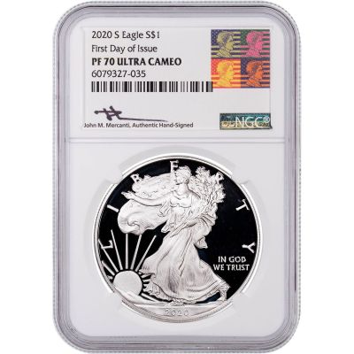 2020-S American Silver Eagle NGC PF70 UCAM Reagan Mercanti Label First Day of Issue
