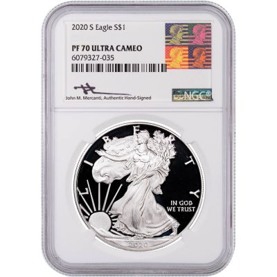 2020-S American Silver Eagle NGC PF70 UCAM Reagan Mercanti Label