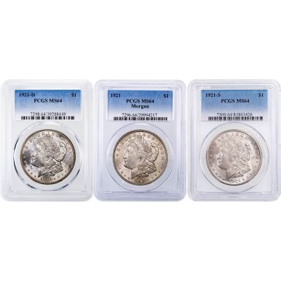 Set of 3: 1921-P, D, & S Morgan Dollar NGC/PCGS MS64