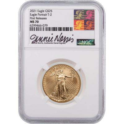 2021 1/2oz Type 2 American $25 Gold Eagle NGC MS70 First Release Signed By Jennie Norris