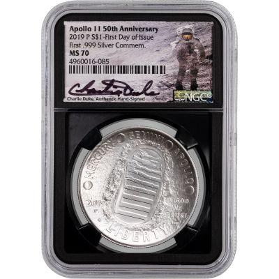 2019-P Apollo 11 Silver Commemorative Dollar NGC MS70 First Day of Issue Signed By Charlie Duke