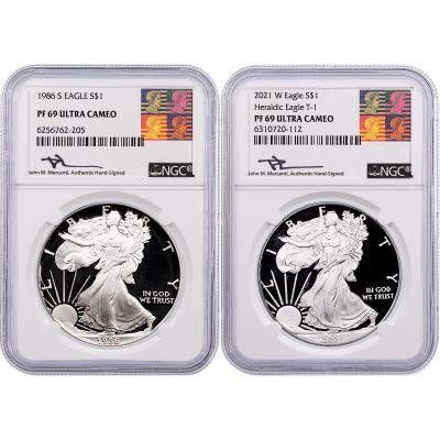 Set of 2: 1986-S and 2021-W American Silver Eagles NGC PF69 UCAM Reagan Mercanti Labels with Free Miles Standish ASE Book 