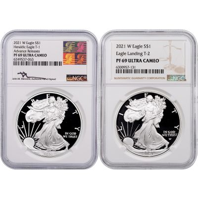 Set of 2: 2021-W Type 1 American Silver Eagle NGC PF69UCAM Advance Releases Reagan Mercanti Label & Type 2 American Silver Eagle NGC PF69UCAM Brown Label