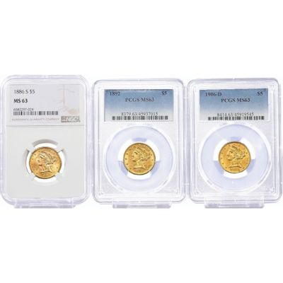 Set of 3: $5 1886-S, 1892-P, 1906-D Liberty Head Gold Half Eagles NGC/PCGS MS63 