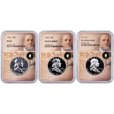 Set of 3: 1962 Franklin Half Dollars NGC PF67, 67 Cameo, and 67UCAM Everest We the People Labels With Signed 3rd Edition Franklin and Kennedy Soft Cover Book