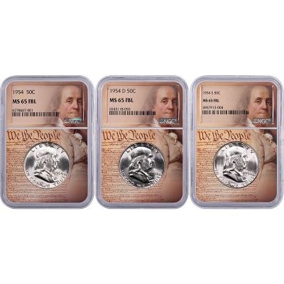 Set of 3: 1954-P, D, & S Franklin Half Dollars NGC MS65 FBL We the People Label Includes Signed Soft Cover Franklin/Kennedy Book 3rd Edition