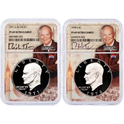 Set of 2: 1971-S & 1978-S Eisenhower Dollars NGC Proof 69 Ultra Cameo ILI Signature Series
