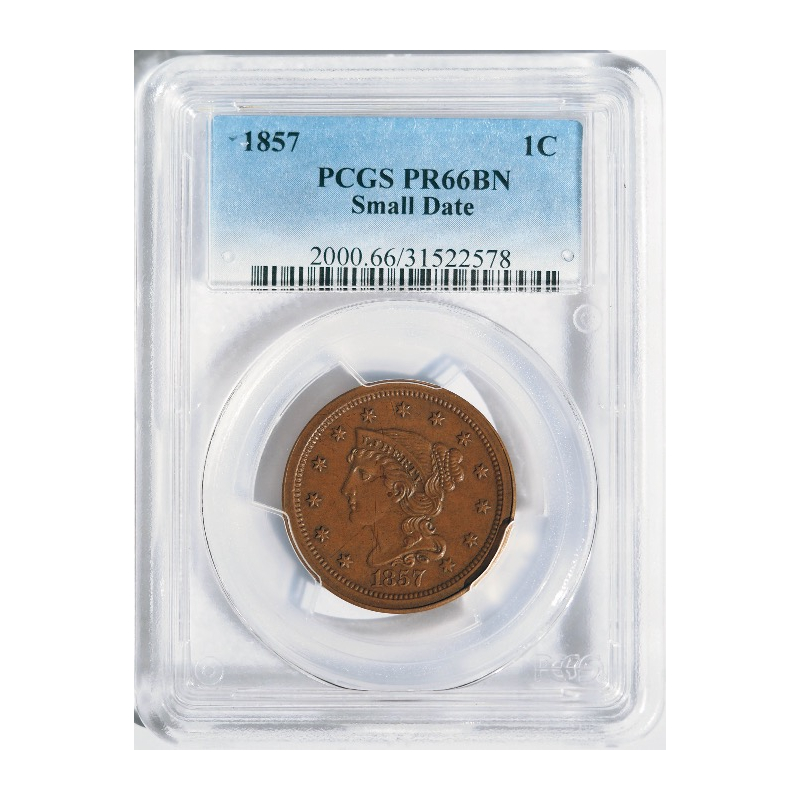 1857 Braided Hair Cent, Small Date -- PCGS MS66BN
