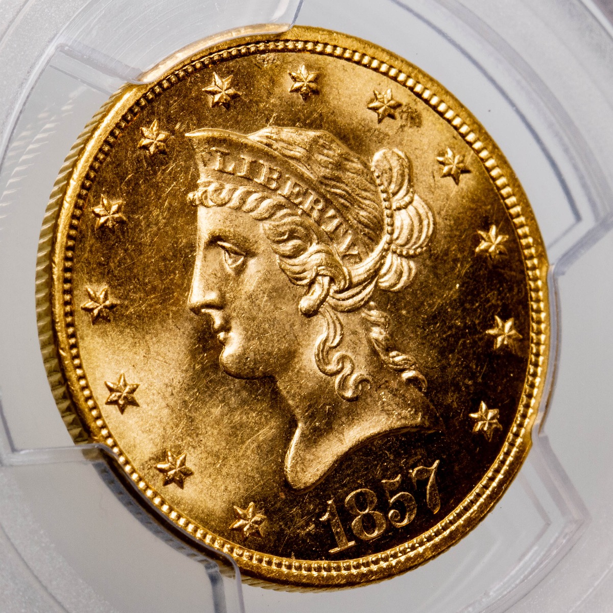 1857-S Liberty Head Gold Eagle MS64+ CAC