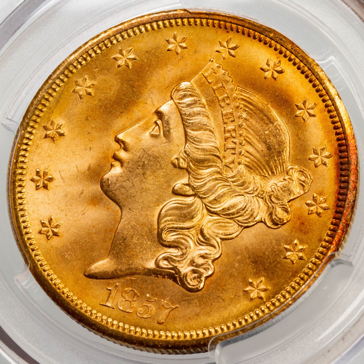 $20 1857-S Liberty Head Gold Double Eagle MS67+ CAC