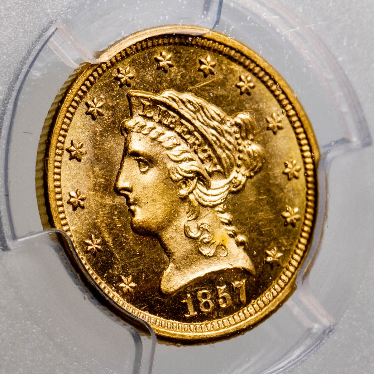 1857-S Liberty Head Gold Quarter Eagle MS64+ CAC