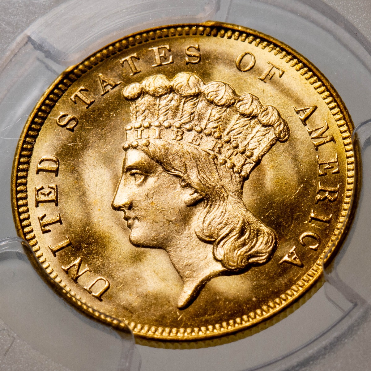 1857-S Liberty Head Gold Three Dollar Piece MS67 CAC