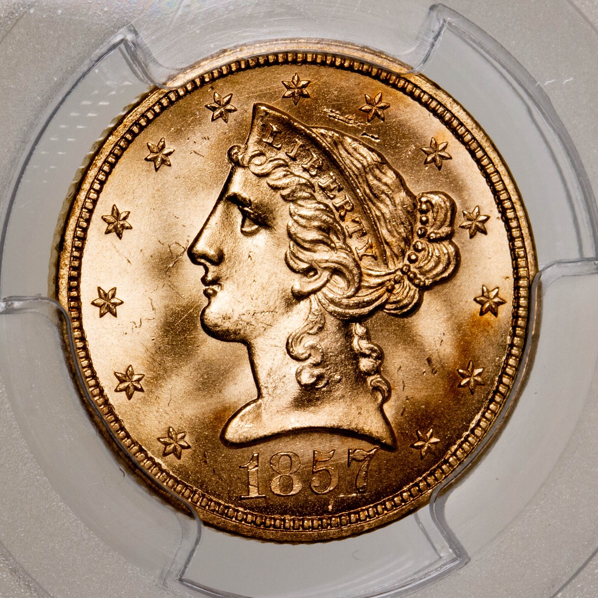 1857-S Liberty Head Gold Half Eagle MS66 CAC